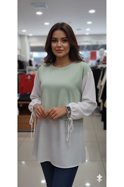 MODA Su yeşili süveter gömlek görünümlü kolar bağcıklı üstü penye altı gömlek...