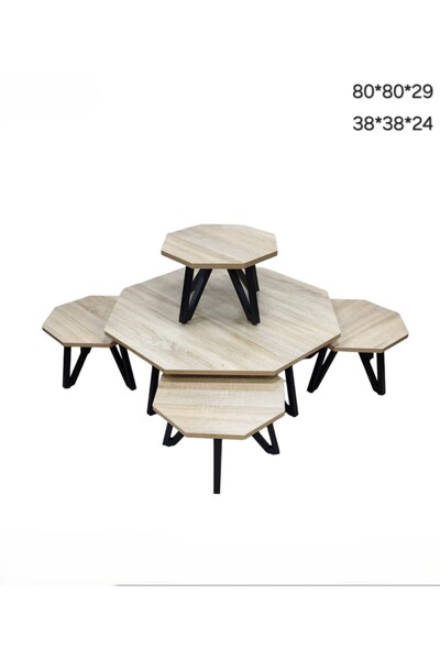 Generic 5-Pcs wooden nesting coffee table set with V-shaped black metal legs,...