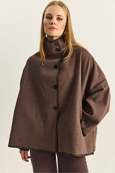 Bianco Lucci Women's Crochet Detailed Coat with Mock Neck Pockets and Oversiz...