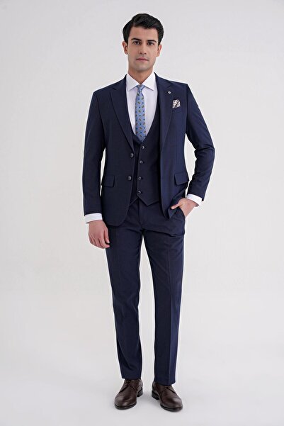 Efor Slim Fit Çift Yırtmaç Ekoseli Esnek Yünlü Yelekli Klasik Lacivert Takım ...