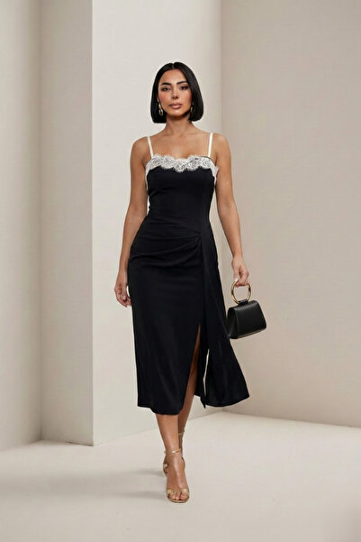 ALFUDO Moda Collection Women's Black Lace Detailed Strap Midi Dress