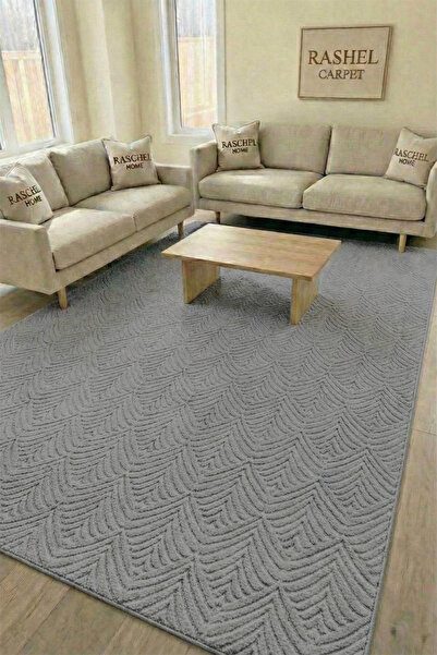 Raschel Carpet Premium Yıkanabilir Leke Tutmaz Yaprak Emboss Açık Gri Özel Se...