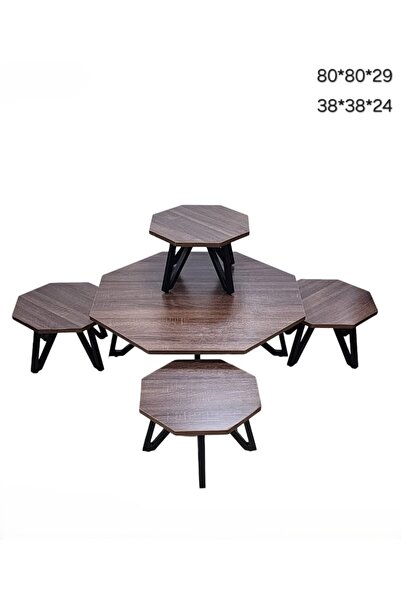 Generic طقم طاولات قهوة خشبية متداخلة مكون من 5 قطع بأرجل معدنية سوداء على شك...