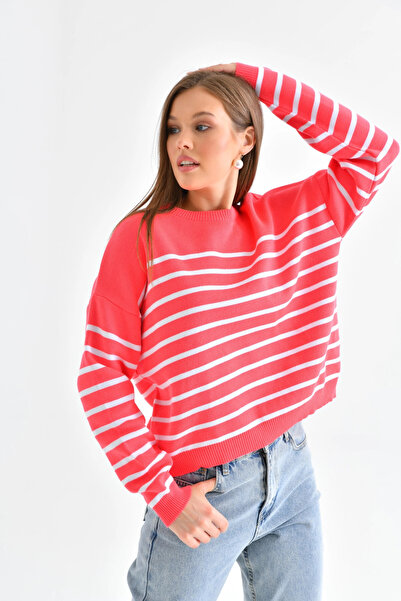 Park Karon Women's Crew Neck Embroidery Detailed Striped Knitwear Sweater 102...