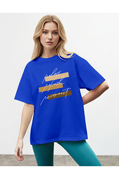 caddekombin Women's Motivational Motto Stripe Printed Cobalt Blue T-Shirt