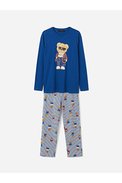 LC Waikiki Navy blue bear teddy Printed women's pajama set