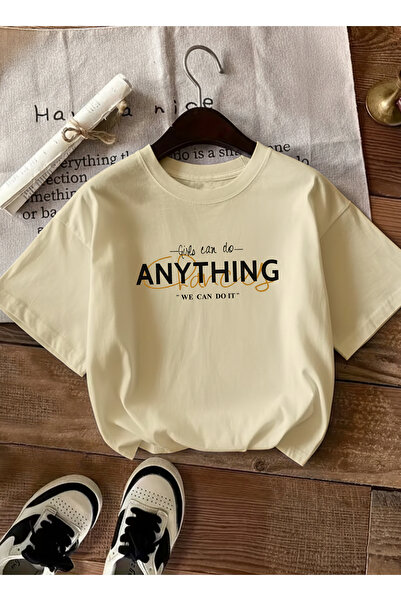 caddekombin Women's We Can Do It Printed Crew Neck Beige T-Shirt