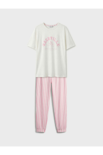 LC Waikiki Roza okrugla kragna Štampano ženska pidžama set