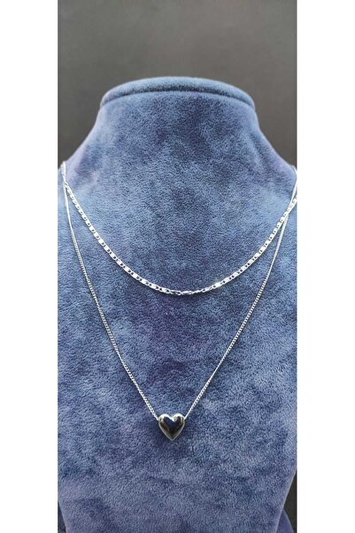 KirLiNova Double Chain Heart Figured Silver Tone Necklace -Silver