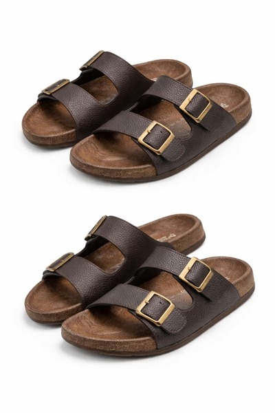 madam gold Men's Brown Double Buckle Anatomical Sole Orthopedic Daily Stitche...