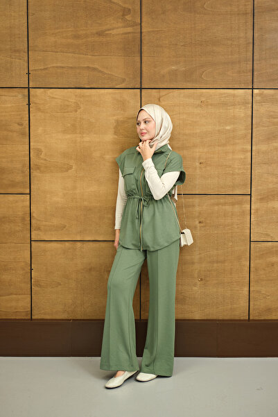 LOCCO Women's Adjustable Waist Gold Zipper Detail Vest Set Set Khaki Green