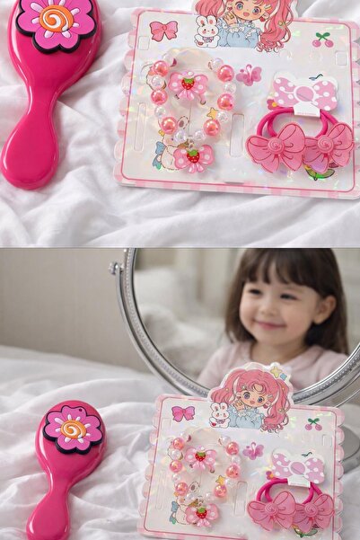 TAKIŞTIR مجموعة مشط وسوار وخاتم ومشبك للأطفال باللون الفوشيا