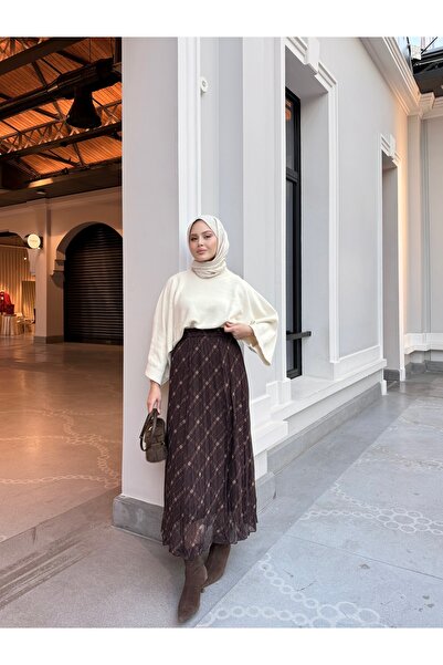 LOCCO Γυναικεία καρό σχέδιο με λάστιχο στη μέση Φούστα σιφόν καφέ