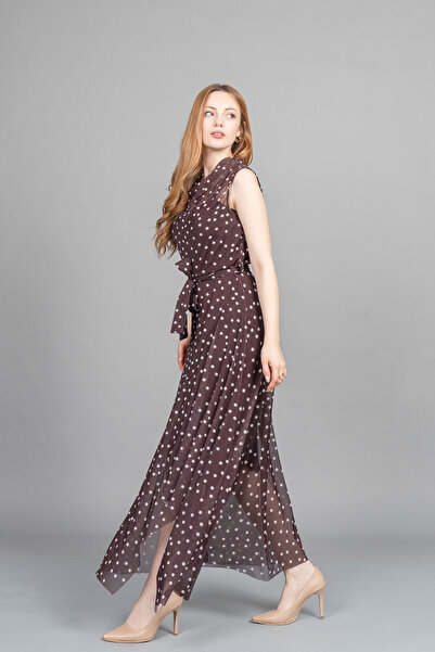 MissVina Shawl Collar Polka Dot Pattern Lined Tulle Slim Asymmetric Long Dres...