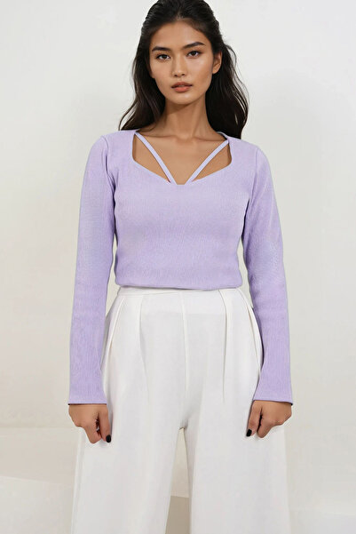 Trend Alaçatı Stili Bluză de damă liliac cu decolteu în formă de inimă și mân...