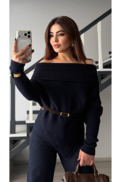 Oslove Navy Blue Asymmetrical Cut Madonna Collar Sweater