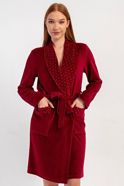 VİENETTA Women's Velvet Shawl Collar Long Sleeve Belted Pocketed 100% Cotton ...