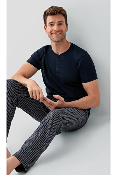 Arnetta Set de pijamale pentru bărbați, 100% bumbac, albastru marin (cu șoset...