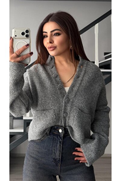 Oslove Gray melange buttoned knitted cardigan with high neck