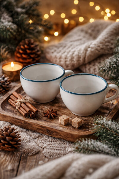 Evila 2'Li Renkli Çizgi Detaylı Porselen Kupa Seti | Kahve & Çay Kupası | Day...