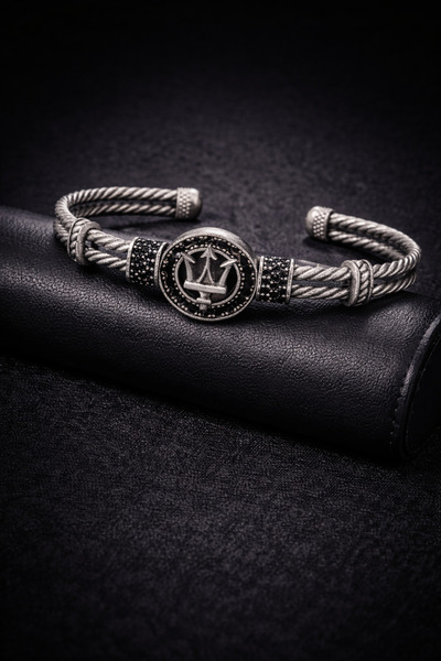 OSMANLI GÜMÜŞ Men's Bijouterie Bracelet - Double Row Black Zircon Stone Detai...