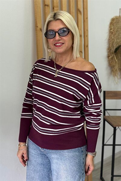 Liya Tek Omuzu Açık Çizgili Triko