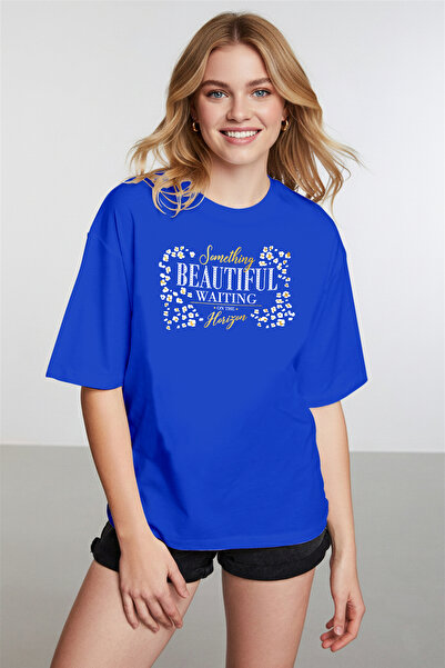 caddekombin Women's Leopard Pattern Slogan Printed Crew Neck Cobalt Blue T-Shirt