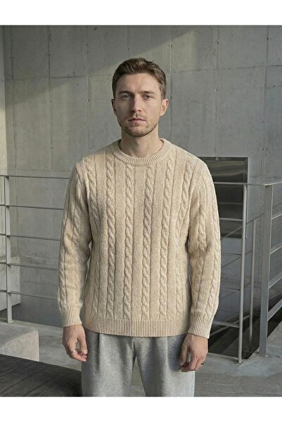 Tarz Cool Pulover tricotat împletit pentru bărbați, bej guler rotund slim fit