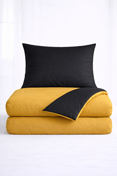 İQON Flat Duvet Cover+Pillowcase Set 100% Cotton Single Size Yellow-Black