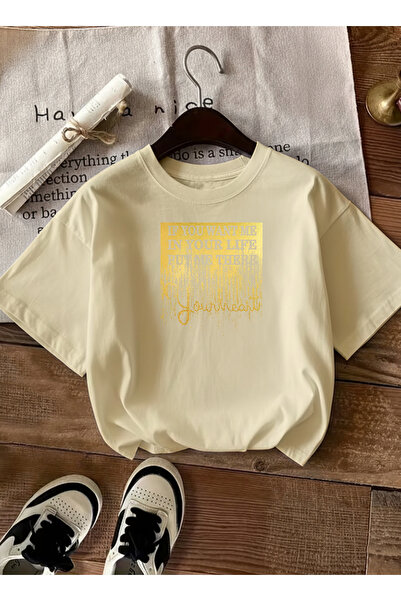 caddekombin Women's Your Heart Motto Written Graphic Printed Beige T-Shirt