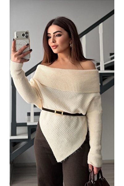 Oslove Ecru asymmetric cut madonna collar sweater