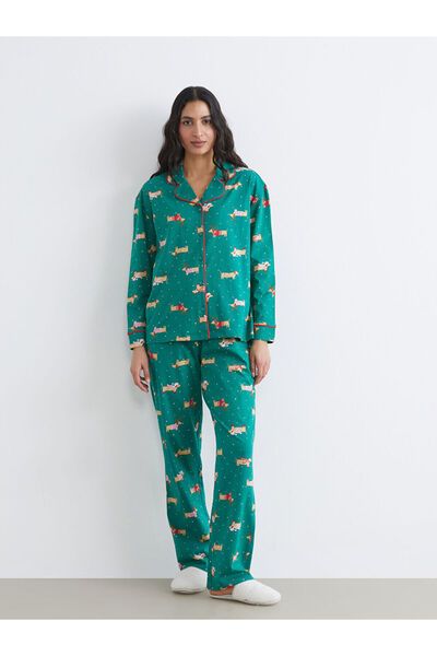 LC Waikiki Green shirt collar new year's themed women's pajama set