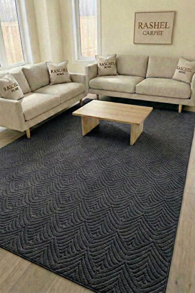 Raschel Carpet Premium Yıkanabilir Leke Tutmaz Yaprak Emboss Koyu Gri Özel Se...
