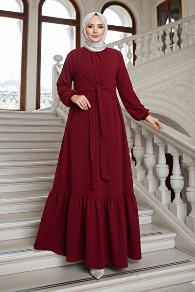 hafsamina Bağlama Detaylı Ayrobin Elbise Bordo HM2873