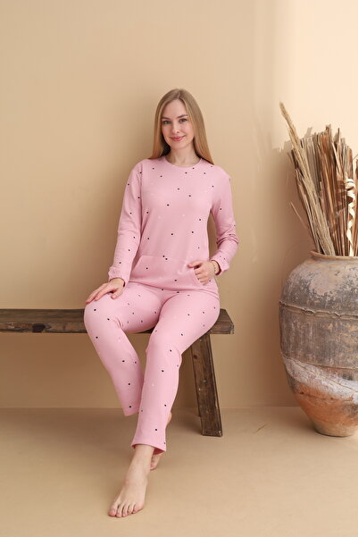 ELİTOL Waffle Knitted Long Sleeve Women's Pajama Set with Pocket Detail