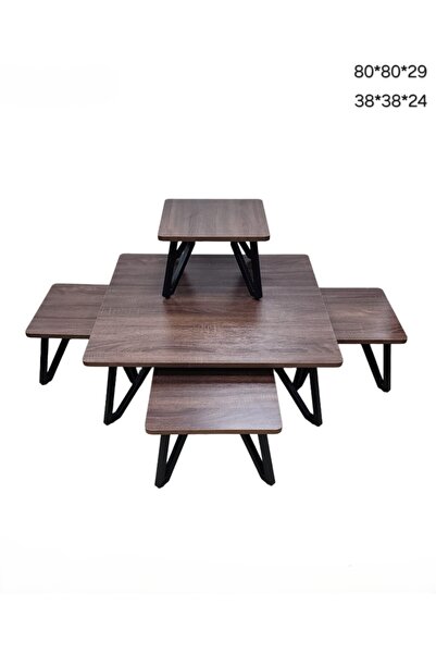 Generic طقم طاولات قهوة خشبية متداخلة مكون من 5 قطع بأرجل معدنية سوداء على شك...