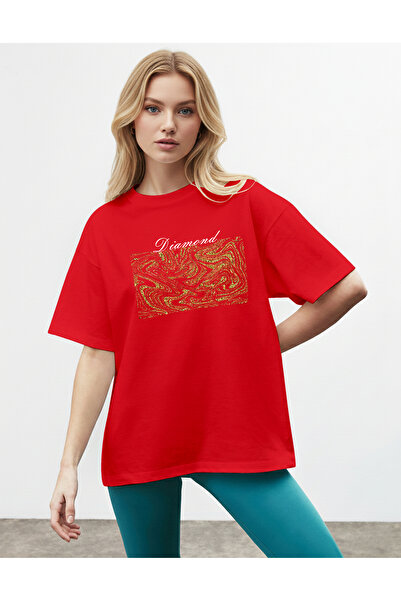 caddekombin Women's Glittery Look Printed Crew Neck Red T-Shirt