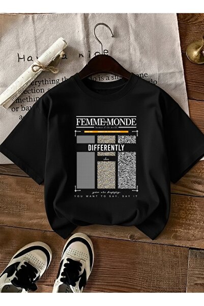 caddekombin تي شيرت نسائي أسود برقبة دائرية مطبوع