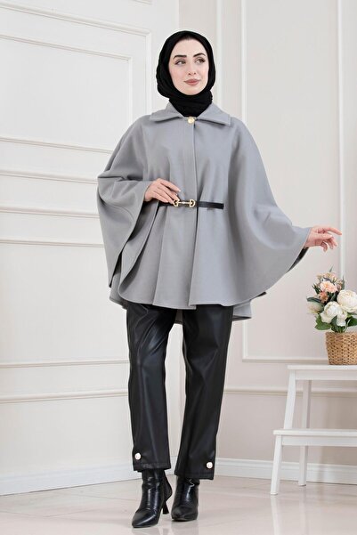 Sevitli Beli Kemerli Kaşe Poncho-Smoked