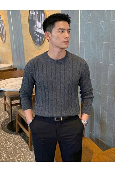 Tarz Cool Men's Smoked Crew Neck Slim Fit Hair Braided Knitwear Sweater