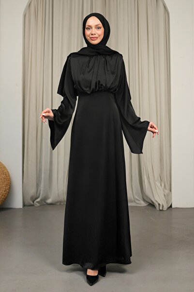 İmajButik Black Off-The-Shoulder Shoulder Pad Satin Evening Dress
