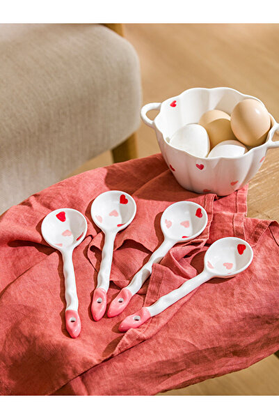 LC Waikiki Lcw Home White Heart Patterned Ceramic Spoon Set of 4 from Renkli̇...