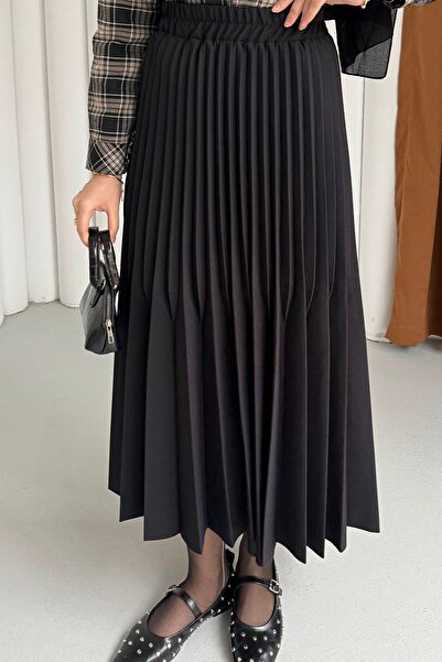 Modaensarbutik Çift Pilise Detaylı Tesettür Uzun Etek-SİYAH