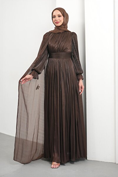 İmajButik Bitter Brown Cape Detailed Pleated Evening Dress
