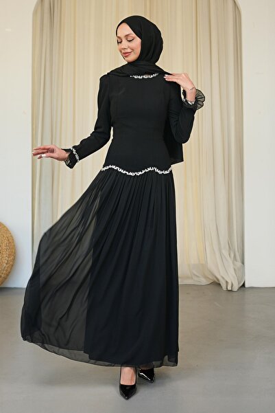 İmajButik فستان سهرة أسود برباط خلفي مزين بالأحجار