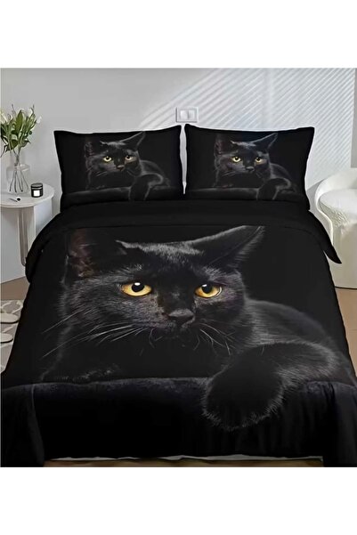 Elmas Dizayn 240X260 cm Double Bedding Set Hypoallergenic Cotton Satin Cat Black