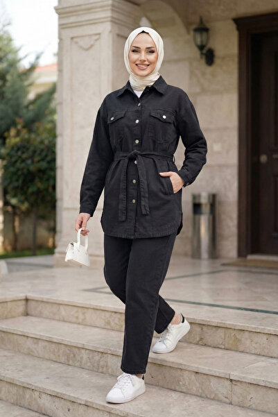 Hb Harma Time Butik Women's Buttoned and Pocketed Denim Black Tunic Pants Dou...