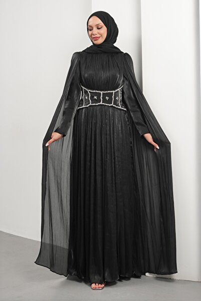 İmajButik Black Pleated Evening Dress with Stone Belt and Cape