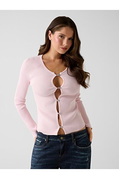 Guess Long Sleeve Crew Neck Stella Cardigan Knitwear Women's Pink Knitwear W6...