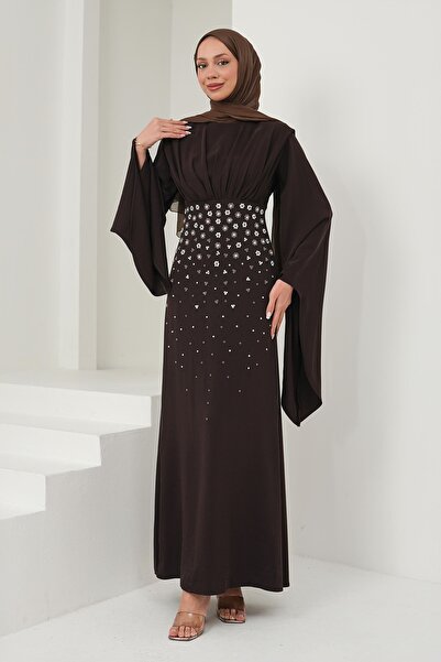 İmajButik Bitter Brown Evening Dress with Draped Stone Embroidery on the Front